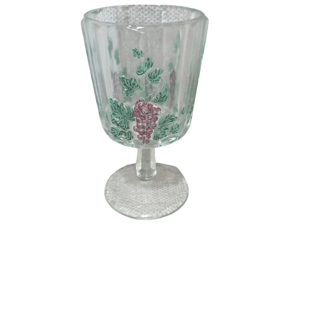Vintage Clear Glass Wine Goblet Raised Purple Grapes Green Leaves Stemware